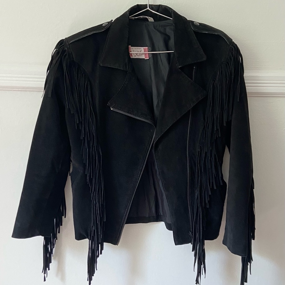 Vintage Black Suede Leather Motorcycle Jacket with Fringe
